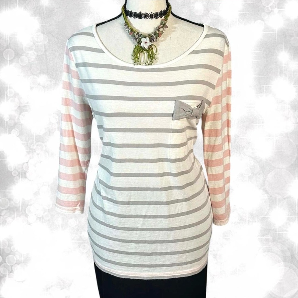 Babydoll Y2K Girly Striped Bow 3/4 Sleeve Top